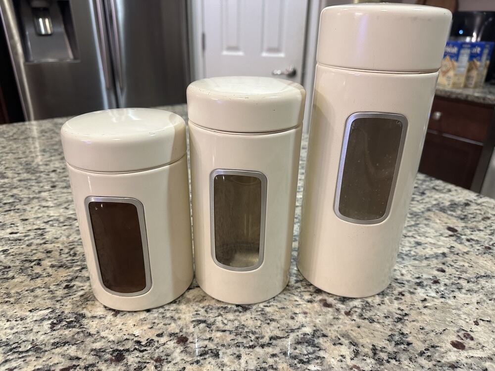 Vintage MCM Lidded Set/3 CHANTAL Cream Color Metal Canisters w/See Thru * Read